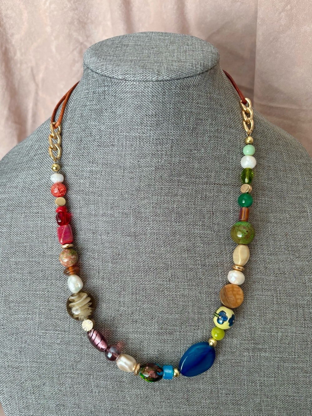 Large Bold Stone Glass Crystal Candy Necklace with Leather tie